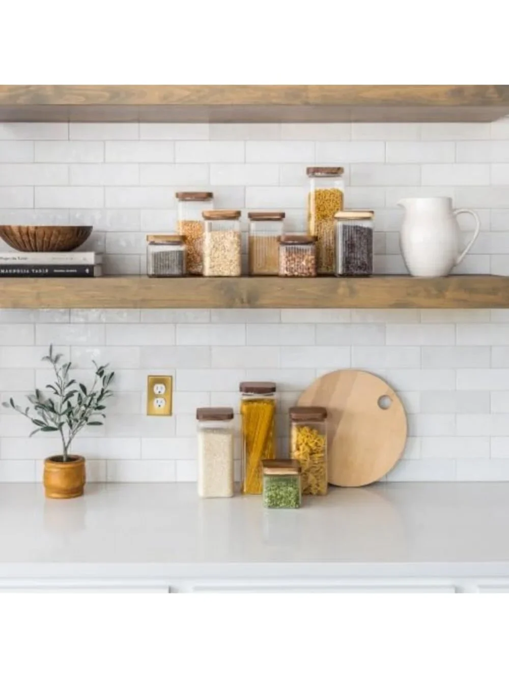 Ribbed Glass Square Jars with Wooden Lids - Set of 3 Airtight Storage Canisters